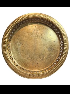 Vintage Brass Reticulated Edge Tray  Etched Engraved Serving  Decorative Tray